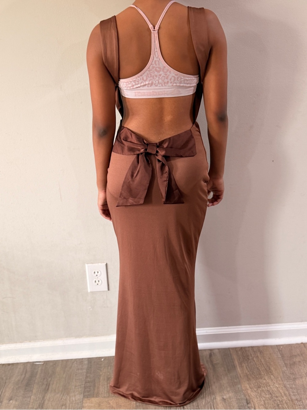 SHEIN Brown Open-Back Maxi Skirt with Bow Tie